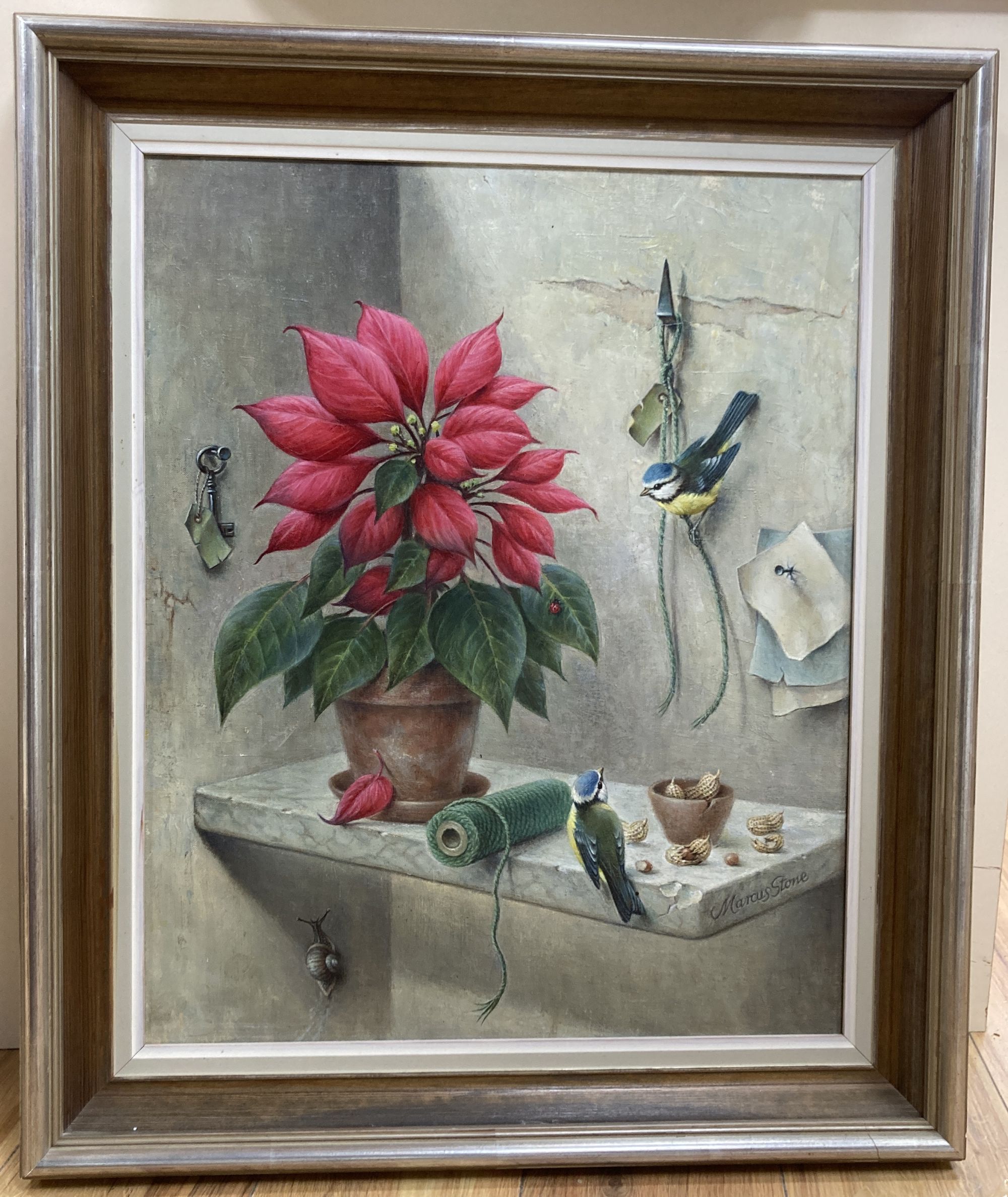 Marcus Stone, oil on canvas, Still life of a poinsettia and blue tits, signed, 55 x 45cm